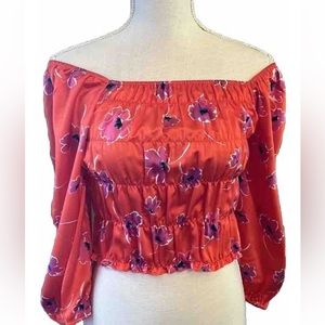 NWT Sanctuary Orange Stretchy Floral Square Neck Cropped Smocked Blouse 3/4 Slv